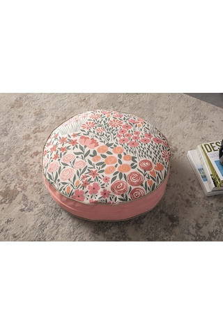 Çiçek Desenli Taşınabilir Yuvarlak Yer Minderi Puf 60x60 Cm