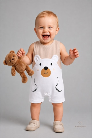 Babyden's Erkek Bebek Yazlık Ayıcık Baskılı Fitilli Tulum %100 Pamuk Kolsuz Şort Tulum Yenidoğan Bebek Romper 0-9 Ay Bej