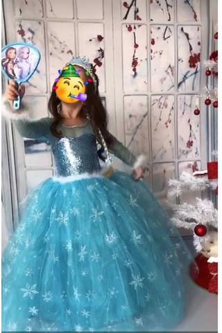 Parti Selesi Kız Çocuk Mavi Uzun Kol Simli Tarlatanlı Full Set Elsa Kostümü Mavı