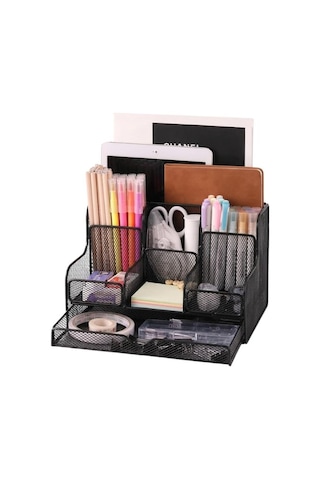 Temel Siyah Metal Mesh Masaüstü Organizer Çekmeceli Çok Bölmeli 25x17x16 Cm 9527b