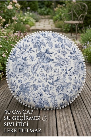 Yuvarlak Minder 40 Cm Çap Çiçekli Dekoratif Puf Minder Su Geçirmez Sıvı İtici Leke Tutmaz Ev Dekoru Çok Renkli