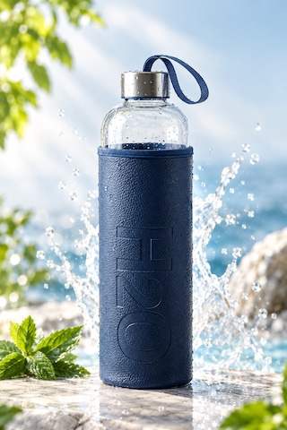 H2o Sağlıklı Cam Matara 1000 Ml Su Şişesi, Deri Kılıflı 1 Lt Sporcu Suluğu Lacivert