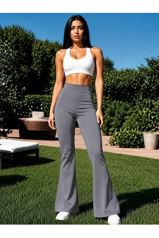 Unika Boutique Kadın Dalgıç Kumaş Belden Lastikli İspanyol Paça Pantolon Gri