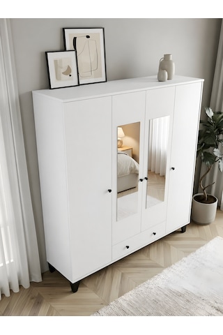 Vento Modern 4 Kapaklı Aynalı Fonksiyonel Yatak Odası & Genç Odası Elbise Dolabı - Beyaz