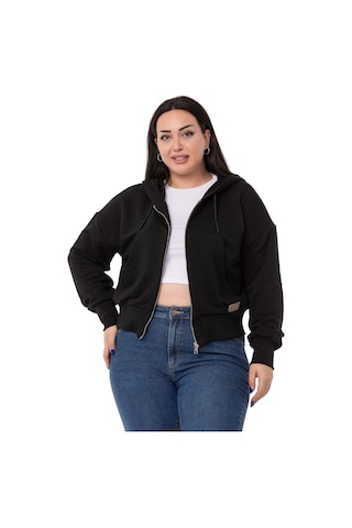 Büyük Beden Kanguru Cepli Kapüşonlu Üç İplik Siyah Sweatshirt-siyah Siyah