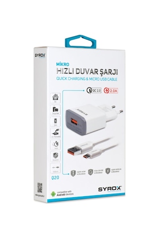 Syrox Q20 Şarj Aleti Micro Usb Kablo Set 2.0A - Beyaz (303964239)