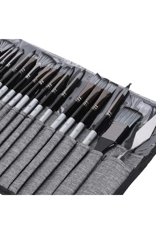 24 Parça Akrilik Ve Yağlıboya Fırça Seti, Sentetik Kıllı, Ahşap Saplı, Kanvas Çantalı