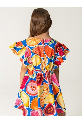 Sheshe Desenli Pamuklu Beli Lastikli Kız Çocuk Elbise Renkli