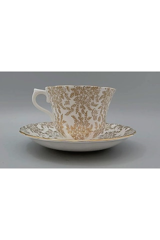 Vintage Porselen Çay Fincanı Ve Tabağı Seti, Altın Yaprak Desenli, Beyaz Ve Gri Çok Renkli