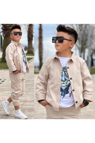 Modavals Gabardin Gömlek Kargo Cep Pantolon Ve Kaplan Baskılı Tshırt 3 Parça Erkek Çocuk Takım Krem