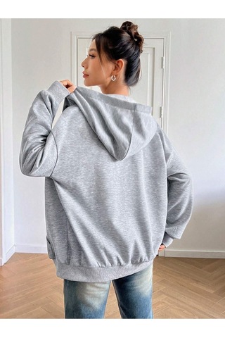 Best Fermuarlı Hırka Sweatshirt - Gri Baskılı Oversize Kışlık Kalın Kapüşonlu Gri