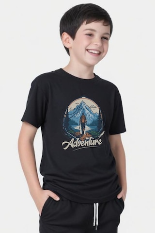 Adventure Baskılı Erkek Çocuk Yuvarlak Yaka Kısa Kollu T-shirt Siyah