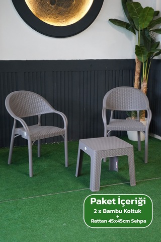 Bambu Rattan Görünümlü Sehpalı Set 2 Adet Koltuk + 45 Cm Sehpalı Sandalye Seti Gri