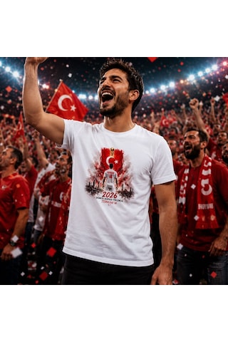 Bk Gift Kişiye Özel Türkiye Taraftar Temalı 2026 Dünya Kupası Tasarımlı Tişört-3, Tek Yürek Milli Takım Ruhu Beyaz