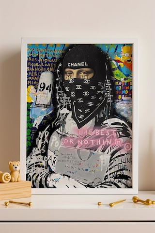 Chanel Maskeli Mona Lisa Çerçeveli Tablo Lüks Butik Güzellik Salonu Dekoru Street Art