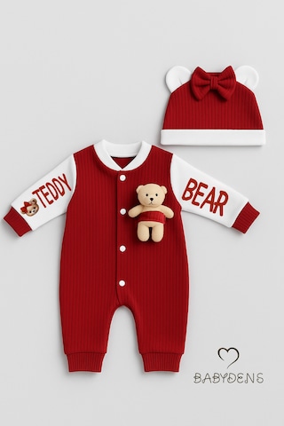 Babyden's Teddy Bear Temalı Yenidoğan Fitilli Tulum Takımı Ayıcıklı Kız Bebek Tulum Şapka Set %100 Pamuk Bordo