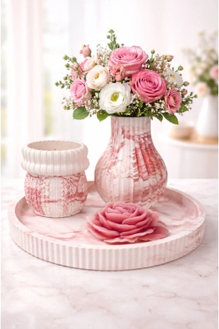 Rose Marble Dekoratif Vazo & Kokulu Mum Seti Kırmızı-beyaz