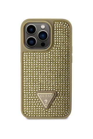 Apple Uyumlu iPhone 15 Pro Kılıf Guess Lisanslı Taşlı Arka Yüzey Üçgen Logolu Kapak Siyah