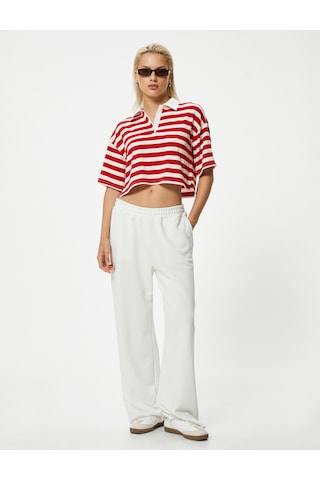 Koton Polo Yaka Crop Tişört Kısa Kollu Düğmeli İnce Örme Kumaş Kırmızı Çizgili 4sak50688ek