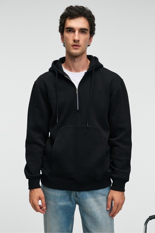 Grimelange JUSTUS Erkek Kapüşonlu Kanguru Cepli Fermuar Yakalı Siyah Sweatshirt