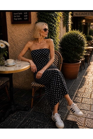 Monaco Dot Sraplez Siluet Elbise Denim Kumaş Midi Boy Lacivert