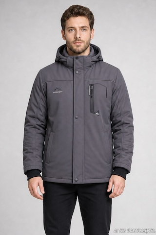Freemen Erkek Kapüşonlu İçi Kürklü Su Ve Rüzgar Geçirmez Outdoor Softshell Mont-414 Gri