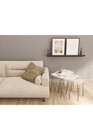 Zigon Sehpa 3'lü Dikdörtgen Siyah Tel Ayaklı Beyaz Mermer