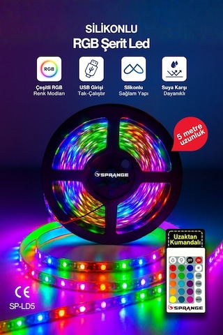 5 Metre Rgb Şerit Led 16 Renkli Kumandalı 4 Modlu Ayarlanabilir Işık 5v Usb Silikon Neon Led RGB