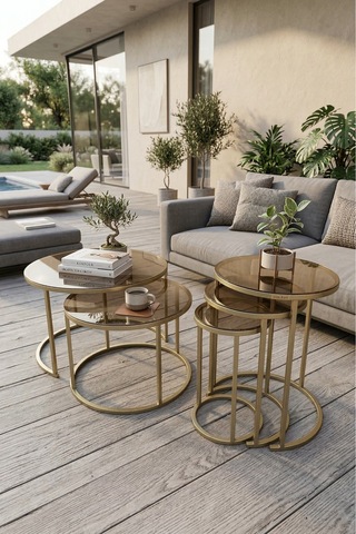 Milas Orta Ve Zigon Sehpa Seti Ø60-47 Mat Gold Metal, Temperli Bronz Cam Eskitme Bronz