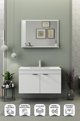 Biani Fix Arya 100 Cm Banyo Dolabı,Seramik Lavabolu, Aynalı,Lavabo Dahil,Mdf,Mat Beyaz
