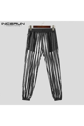 Incerun Erkek Yazlık Fileli Şeffaf Pantolon Yazlık Çizgili Uzun Pantolon Siyah
