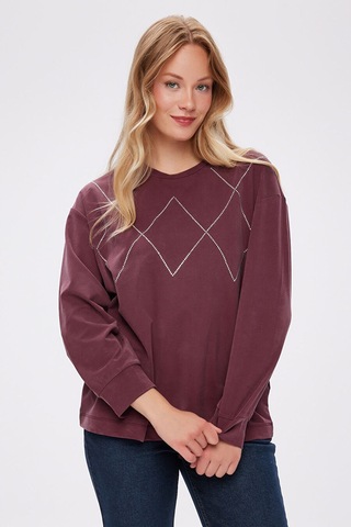 Faik Sönmez Taş Detaylı Bisiklet Yaka Tenselli Sweatshırt W27swt007 Uw27swt00740 Bordo