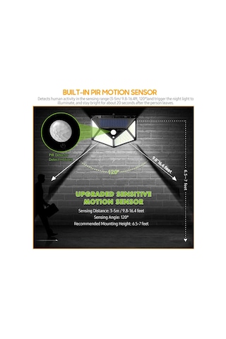 Vkemall Led Güneş Enerjili Duvar Lambası, 100 Led Işıklı, Hareket Sensörlü, Ip44 Su Geçirmez, Bahçe/evler İçin, Siyah 1 Adet, Dahili Li-poly Pil
