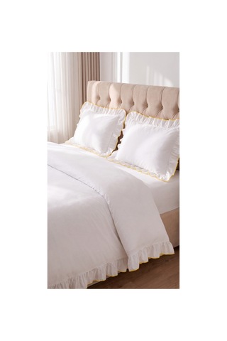 %100 Pamuk Overloklu Fırfırlı Çift Kişilik Nevresim Takımı Lastikli Çarşaflı 200x220 Cm Sarı - 904804703 Sarı