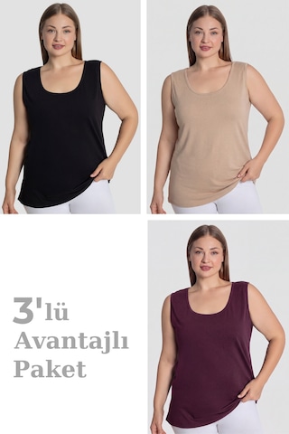 Arma Yıldız Kadın Pamuklu Büyük Beden Kalın Askılı Atlet 3'lü Paket Siyah Mürdüm Bej