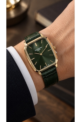 Lee Cooper Haki Deri Kayış Yeşil Kadran 32 Mm Dikdörtgen Erkek Kol Saati, Bileklik Hediyeli Gold