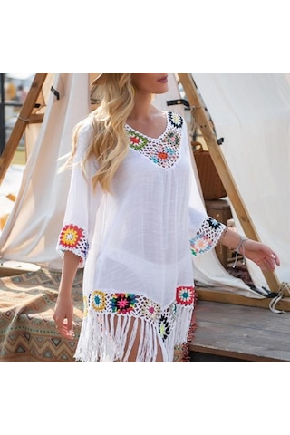 Yeşil Bikini Cover Up Hollow Out Tığ İşi Patchwork Yaz Gevşek Oturan Güneş Koruma Mayo Tunik Plaj İçin Yeşil