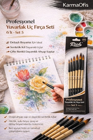 Profesyonel Yuvarlak Uç Fırça Seti 6 Lı Set 5 No 2-4-6-8-10-12 Sentetik Kıl Fırça