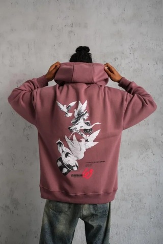 Veraura Lifestyle Erkek Şapkalı Güvercin Baskılı Kapşonlu Sweat - Gül Kurusu S Gülkurusu