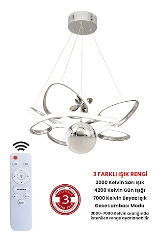 Ransom Modern 3 Renk Kumandalı Büyük Boy Toplu Salon Led Avize Krom