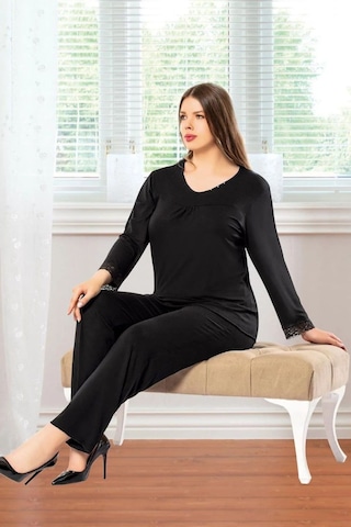Faal 8808 Kadın Büyük Beden Uzun Kollu Pijama Takım-siyah Siyah