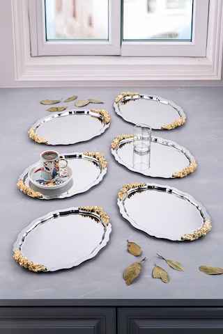 6 Adet Oval Model Gül Motifli Kahve-çay Sunum Tepsisi 25x20 Cm