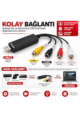 Luve Store Usb Easycap 4 Kanal Video Capture Kayıt Kartı Rca S-video Analog Görüntü Aktarma Dönüştürücü Pal Ntsc