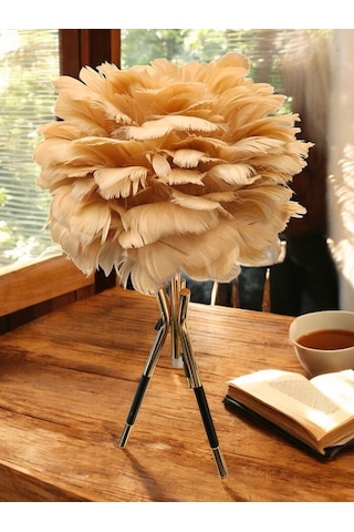 Tüylü Dekoratif Tripotlu 3'lü Ayaklı Abajur - Sarı Sarı