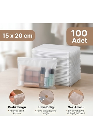 Valiz Dolap Içi Düzenleyici Organizer Buzlu Fermuarlı Poşet Zipper Torba 100 Adet 15 Cm X 20 Cm - 130 Micron Şeffaf