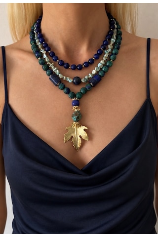 El Yapımı Lapis Lazuli, Azurit & Sedef Doğal Taş Kolye Seti Mavi - Yeşil