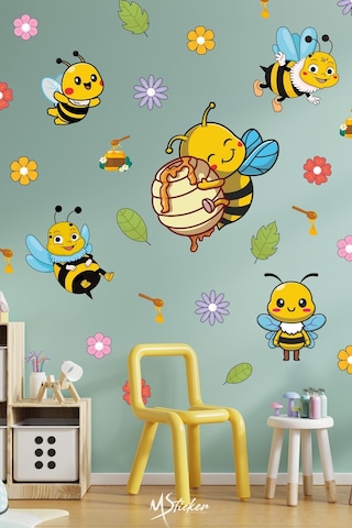 Sevimli Arılar Çiçekler Ve Yapraklar Çocuk Bebek Odası Duvar Cam Dolap Sticker Seti, Arı Sticker