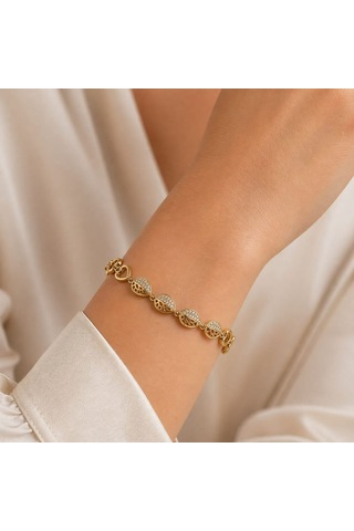 Cm Jewelry Damla Zirkon Taşlı Kalp Detaylı Bileklik Gold Kadın Bileklik Altın
