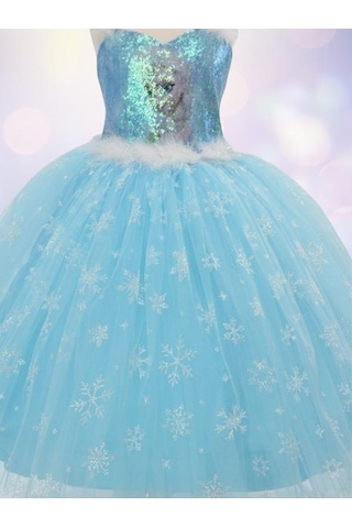 Kız Çocuk Tarlatanlı Simli Frozen Abiye-13694 Mavi