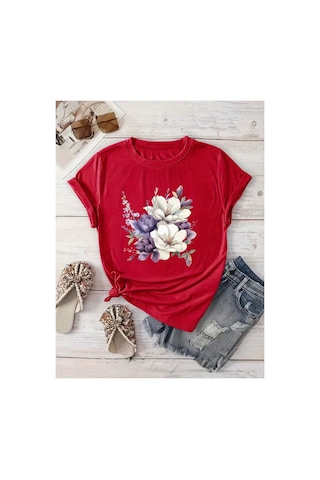 Herkesemoda Çiçek Baskı Detaylı Basic T-shirt Kırmızı